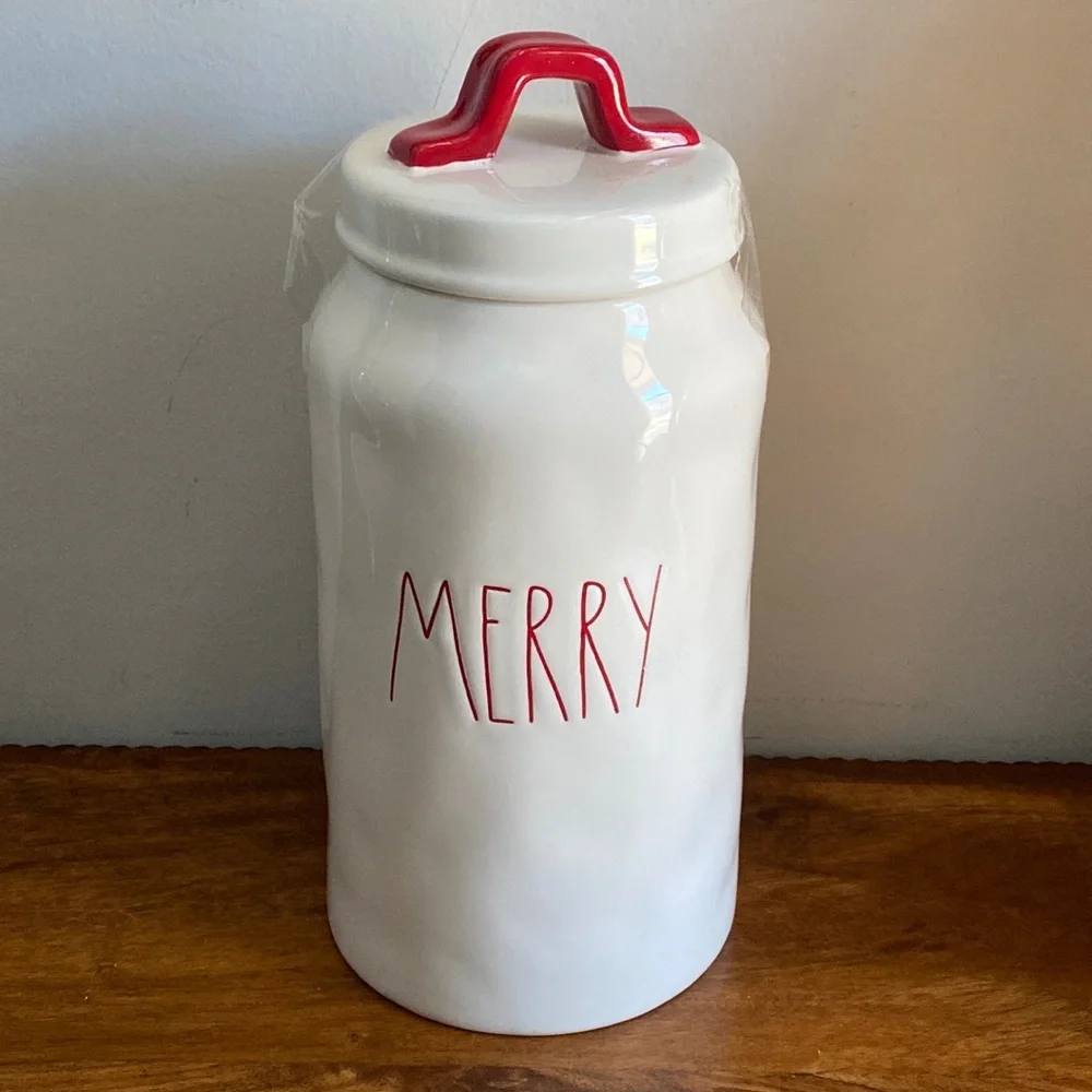 New Rae Dunn Merry Christmas Ceramic Canister Jar White Red LL